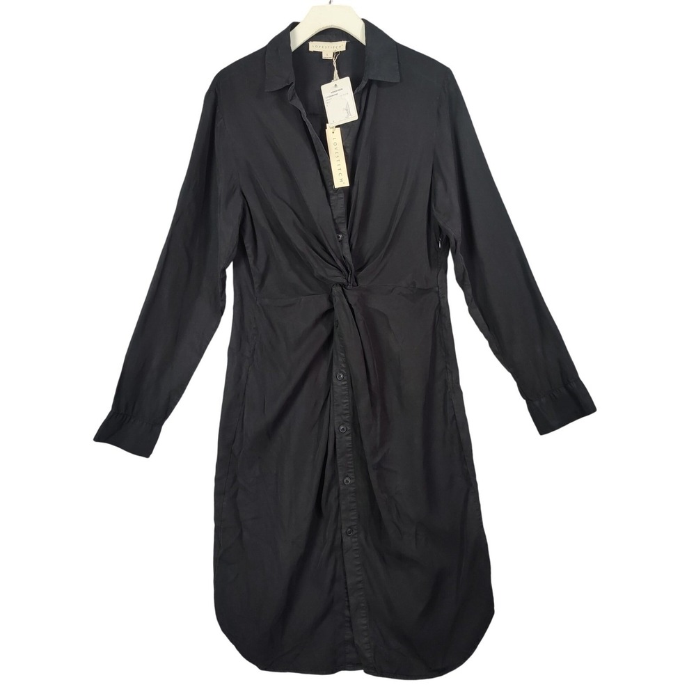 Lovestitch Women Minimalist Quiet Luxe Tencel Shirt Dress L Black Knot Front NEW